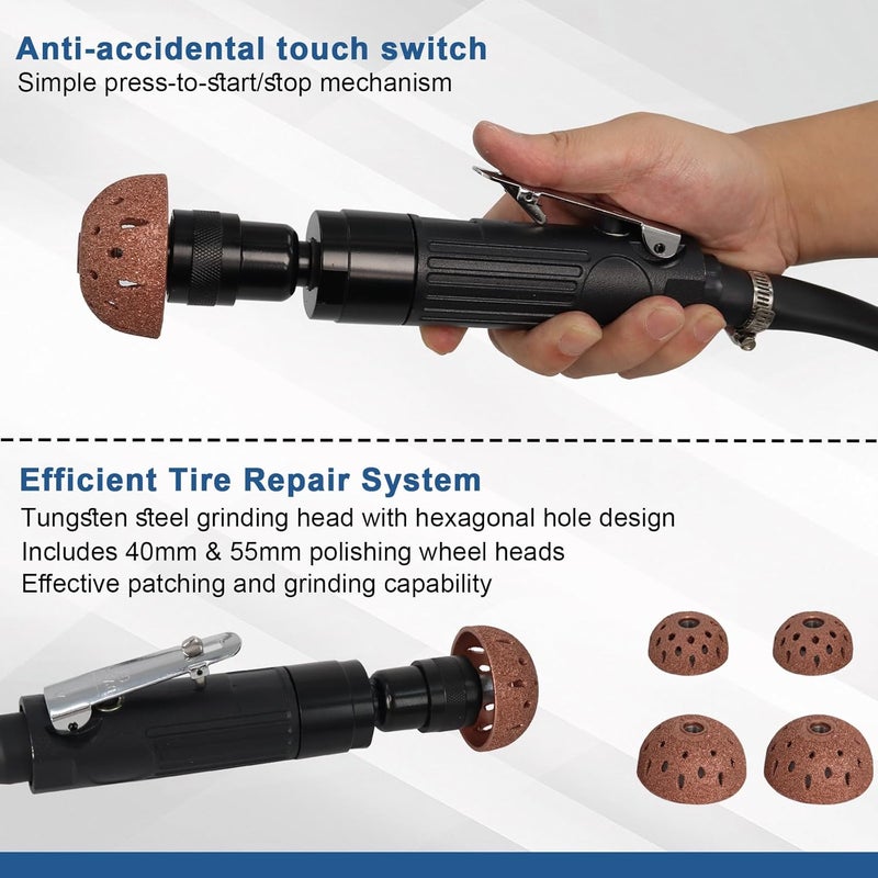 MCCKLE Air Tire Repair Polish Patch Kit Heavy Duty - Includes 2500RPM Air Tire Buffer, Tire Inner Liner Scraper, 4 Tungsten Steel Buffing Wheel, Patch Roller, & Wire Brush - Professional Tire Patch Tools - Image 4